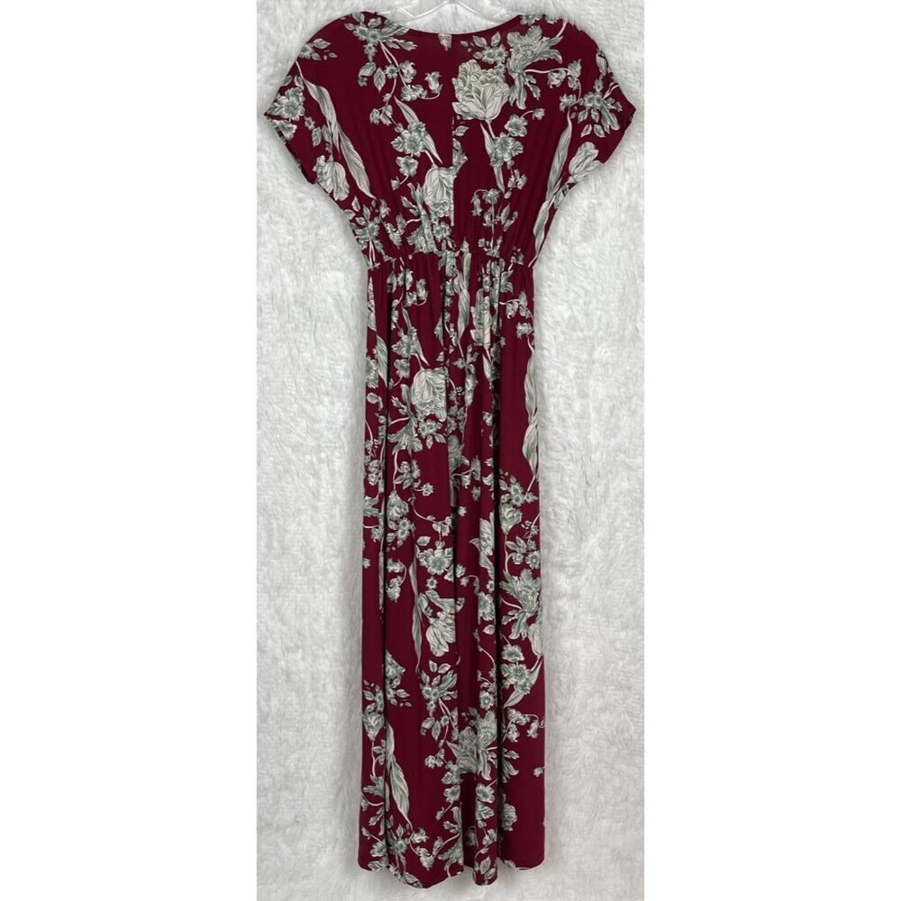 Flirty Pink Medium Short Sleeve Surplice Neck Maroon White Flowers Maxi Dress - Picture 2 of 5